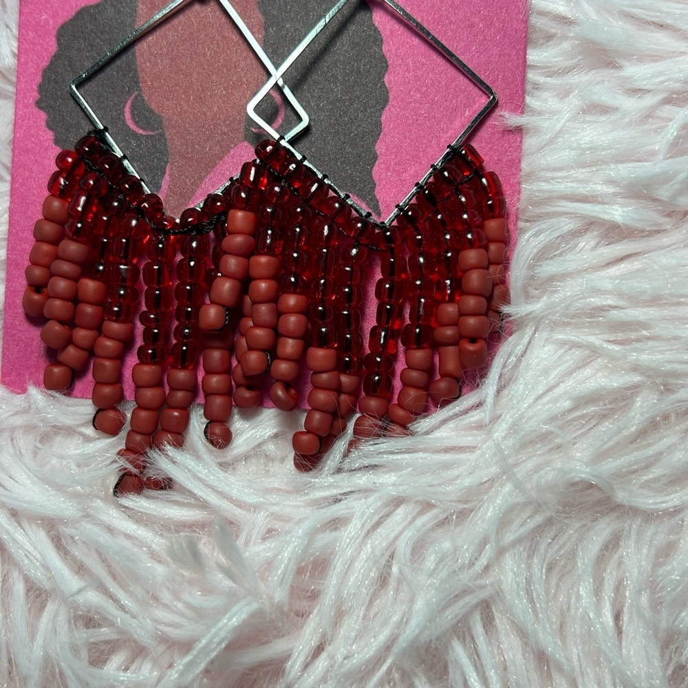 Red Beaded Triangle Fringe Earrings | Handmade Statement Jewelry